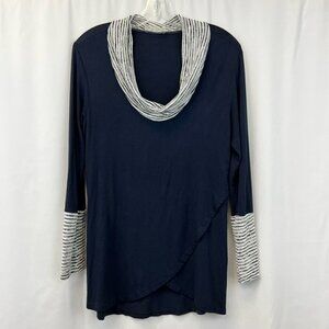 Be Stage Womens Tunic Top Blue White Long Sleeve Scoop Neck Petal Fold USA S